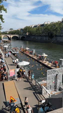 Sunny day swimming in a Paris river or canal