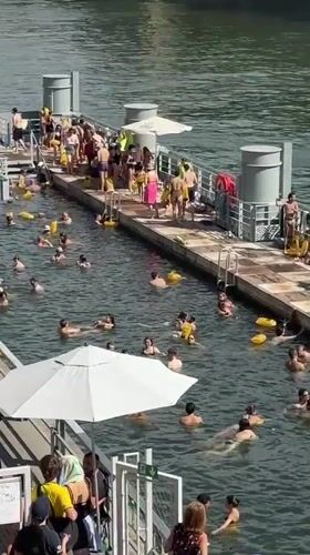 Sunny day swimming in a Paris river or canal