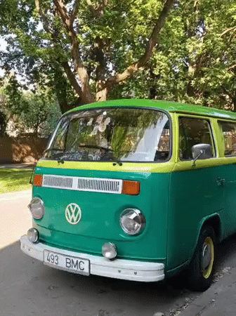 Classic VW van parked under summer trees in Tallinn