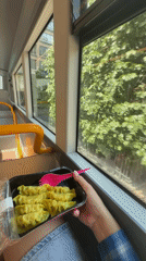 Passenger eats dumplings with pink fork on London bus