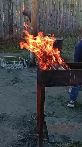 A barbecue grill is in the foreground, with wood burning inside and flames rising high. There are two children near the grill. A wooden fence is in the background.