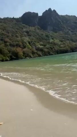 The video shows a tranquil beach scene. A sandy beach with gentle waves lapping the shore occupies the foreground. The water transitions from a pale sand color near the shore to a greenish hue further out. In the background, a lush, green, tree-covered mountain rises against a clear, blue sky.