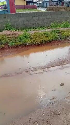 The video shows a muddy road with large puddles of water, suggesting it has recently rained. The road surface is rough and uneven, with visible tire tracks and debris. A low brick wall runs along one side of the road, topped with grass.  In the background, there's a building under construction with scaffolding. Raindrops create ripples on the water surface. The video seems to be taken from a stationary position.
