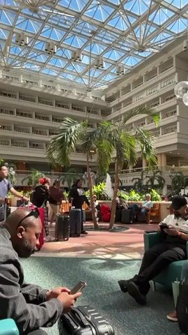The video captures an interior scene, seemingly within a hotel or a large atrium, characterized by a high, geometrically patterned glass ceiling that allows daylight to flood the space. The interior design incorporates multiple floors with guest room balconies facing inward.

The foreground is occupied by lounge seating areas where individuals are seated. Several people are observed interacting with their mobile phones. Various pieces of luggage are present around the seating areas, suggesting people are either waiting or have recently arrived. In the central area, there are a few palm trees and a circular red brick design on the floor. People are moving through the space, some pulling luggage. In the background, more seating areas can be seen, occupied by people. The overall environment appears to be a transitional space, possibly a lobby or waiting area within a large building.