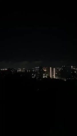 This is a video taken at night, showing a city skyline in the distance. The foreground is dark and out of focus, likely showing trees or vegetation. The city lights are visible as small points of light, with some taller buildings and structures illuminated. The sky is dark, with no visible stars or moon. The camera is stationary, and the video is short, lasting only a few seconds.