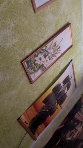 The video shows a wall with several framed pictures hanging on it. The wall has a textured, light green finish. In the top left of the video, a framed picture with a light brown border shows an abstract image of buildings. Below that, a long, narrow framed picture with a copper-colored border contains a painting of white flowers with green leaves. Further down and to the right, another long, narrow framed picture with a copper-colored border depicts a sailing ship on a body of water with an orange sky. The bottom right of the video shows a sliver of another framed picture. The camera pans slowly across the wall, highlighting the artwork and texture.