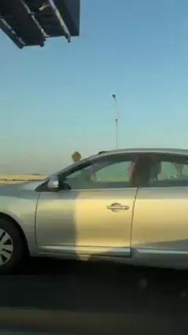 A passenger in a car films the view from the window while driving on a paved highway. The car is moving at a steady pace, and the view includes the edge of the road with a yellow painted stripe, a concrete barrier, and a landscape with vegetation, streetlights, and power lines. The sky is clear and blue. The side of another car can be seen in the beginning of the video.