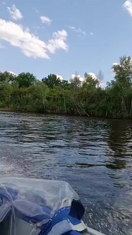 The video shows a first-person perspective from a boat moving through water. The water is rippling, indicating movement. The foreground of the boat is visible, with part of a blue and white object, possibly a seat or a bag, covered with a clear plastic sheet. In the background, there is a shoreline covered with dense green trees and some dead branches. The sky above is blue with scattered white clouds. The overall scene depicts a boat ride on a calm body of water surrounded by lush vegetation under a partly cloudy sky.