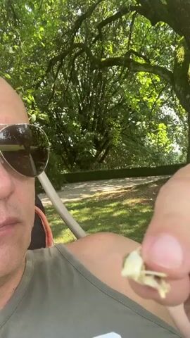 This is a close-up, first-person perspective video of a bald man wearing aviator sunglasses and a green t-shirt. He is holding a small, light-colored object between his thumb and index finger, bringing it close to the camera. The object appears to be a piece of dried food, possibly a chip or a fragment of something larger. The man's face is partially visible, with his mouth slightly open.

The background suggests an outdoor setting, likely a park or garden, with lush green trees and sunlight filtering through the leaves, indicating it is daytime. There is a pathway visible in the distance, bordered by manicured hedges, hinting at a cultivated landscape. The overall impression is casual and relaxed. The video is undated and contains no visible text. The man's expression is neutral.