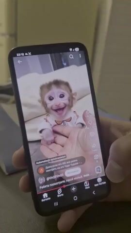 The video shows a close-up of a smartphone screen held by a person's hand. The smartphone is displaying a YouTube video of a baby monkey. The monkey is small, with large, expressive eyes and a wide, open-mouthed smile, wearing a light-colored shirt with an orange collar. A human hand is gently touching the monkey's paw. The video has text overlays in Russian, including the title "Ребята посмотрите, такой милый #обезьянка" (Guys look, such a cute #monkey) and other information related to the video's performance on YouTube. The background of the phone screen shows a soft, light-colored surface, possibly a blanket or pillow. The environment outside the phone screen appears to be indoors, with a dimly lit background.