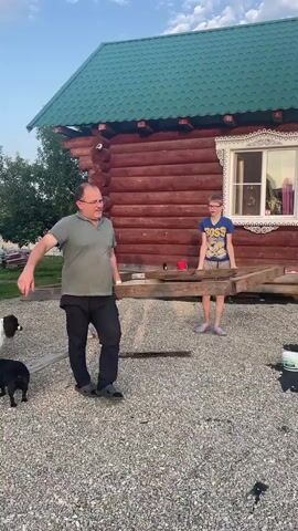 A man wearing a green t-shirt and black pants walks towards the camera, holding a long wooden plank. A young girl wearing a blue t-shirt with "BOSS" written on it and grey shorts stands to his right, also holding a wooden plank. Behind them, a log house with a green roof is visible. Another young boy, wearing a grey t-shirt and blue shorts, is visible to the left of the man, also holding a wooden plank. The ground is covered in gravel. A black dog is partially visible in the lower left corner of the frame. In the background, a small structure with a white bathtub is visible.