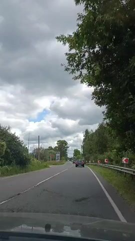 A car drives down a two-lane asphalt road, passing a gas station on the left. The sky is overcast with patches of blue peeking through. Trees line the right side of the road, and there are red and white striped signs on the side of the road indicating a curve.