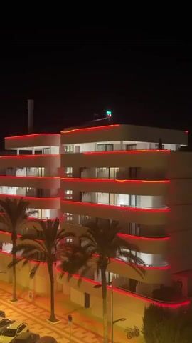 The video shows a nighttime view of a building with balconies illuminated by red and yellow lights. Palm trees are in front of the building, and a street with parked cars and bicycles is visible below. A sign with green and red lights is on the roof of the building. The camera pans slightly to the left, revealing more of the street and other buildings in the distance.