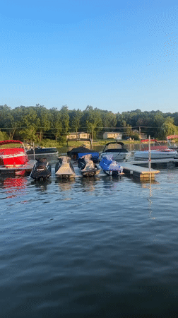Algonquin marina on a calm summer evening, boats docked lakeside