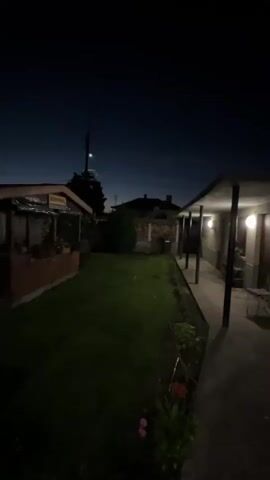 The video presents a night-time view of a backyard. The sky is dark blue, suggesting early evening or late night. A lawn of green grass stretches across the yard. To the left is a partially visible structure with a sign. In the background, a building with a brown roof is discernible. To the right, a covered walkway adjoins a structure, supported by pillars. Lights are on under the walkway. A chair sits near one of the doorways. Near the bottom of the frame are flowerbeds with greenery and pink flowers. The camera is static. Sounds of dogs barking can be heard.