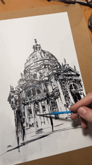 Ink sketch of a domed building built line by line