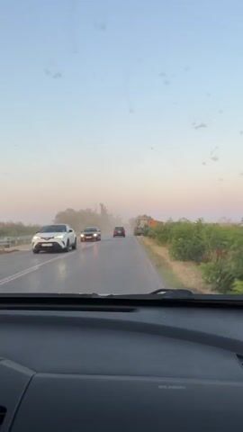 The video appears to be filmed from inside a car, looking out through the windshield. The car is driving on a paved road, likely in a rural area, given the presence of fields and trees on either side. The time of day seems to be late afternoon or early evening, as indicated by the soft, warm light and the color of the sky, which transitions from a light blue to a soft pinkish hue near the horizon. The weather appears to be hazy or dusty, with a visible haze in the distance that partially obscures the view and makes the light appear diffused.

The main subjects are vehicles on the road and agricultural machinery. In the foreground, part of the car's dashboard is visible, with a label indicating "AIRBAG." As the car moves forward, other vehicles come into view. There's a black car ahead, followed by a red car. Further down the road, a large green tractor with a yellow trailer is parked on the side. The tractor is a prominent object, its large tires and agricultural equipment clearly visible. Beyond the tractor, a field of sunflowers can be seen, stretching towards the horizon. The surrounding vegetation consists of trees and bushes.

The activity taking place is travel, with the car driving along the road. The presence of the tractor suggests that agricultural work might be ongoing or has recently concluded in the area. The overall mood is serene and calm, conveyed by the gentle lighting and the quiet setting. There are no people clearly visible within the frame, other than implied occupants of the vehicles. The location cues, such as the sunflowers and the type of tractor, along with the provided context of Sandrovo, Bulgaria, help to place the scene in a specific agricultural region.