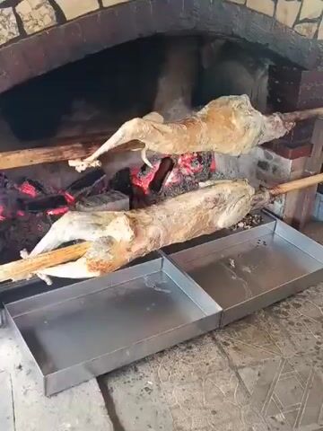 A whole lamb is being roasted over an open fire in a brick oven. The lamb is skewered on a wooden spit and is slowly rotating. The skin of the lamb is golden brown and appears to be crispy. The fire is intense, with glowing red embers and flames visible. Below the lamb, there are two metal trays to catch any drippings. The oven is made of brick and stone. The floor appears to be tiled. The overall scene suggests a traditional method of cooking lamb.