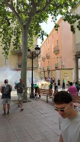 In an outdoor urban setting, a large, dark, dragon-like effigy is the center of attention, engulfed in a cloud of white smoke and a shower of golden sparks from fireworks. The effigy is being carried by individuals who are largely obscured by the pyrotechnics. A lamppost stands to the left of the effigy, and a large tree with green leaves is visible in the foreground. Several people are observing the spectacle from the right side of the frame, some seated on wooden benches and others standing. A man in sunglasses is in the immediate foreground, looking towards the event. The buildings in the background are predominantly orange and yellow with balconies. The ground appears to be paved. The overall atmosphere suggests a festive or ceremonial event.