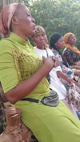 Here's a description of the video:

The video shows five women sitting outdoors on what appears to be a wooden structure near a palm tree. The woman in the foreground is wearing a green dress with a high collar and gold fringe detail. She has a light brown head covering and a small, sparkly fanny pack. She appears to be speaking or singing, her hands gesturing slightly. The other women are wearing various head coverings and casual clothing. The background shows green trees and foliage. The video seems to be taken in a natural environment.