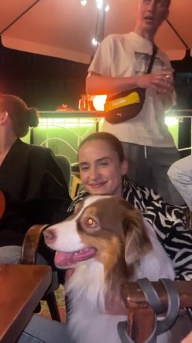 Late-night patio hangout in Krasnoyarsk with an Australian Shepherd.