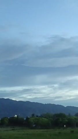 A vertical video begins with a wide shot of a cloudy sky above a mountain range. The sky is a pale blue with streaks of gray clouds. Below the sky, a dark blue mountain range stretches across the horizon. In front of the mountains is a line of green trees. A grassy field is visible in the foreground. The video is static and does not show any movement or action.