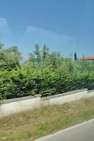 This video shows a scenic drive through Plaka, Litohoro, Greece. The camera captures a clear blue sky and lush greenery, indicating a sunny day. The landscape is dotted with beautiful homes, some with traditional terracotta roofs, suggesting a Mediterranean architectural style. A stone wall with a metal fence lines the road, separating it from manicured lawns and vibrant trees. One of the homes has a prominent white facade with orange-tiled roofs and visible windows. Another property features a large palm tree, adding a tropical touch to the scenery. The houses appear well-maintained and sit on elevated ground, offering pleasant views of the surrounding area. The overall impression is one of a peaceful and picturesque rural setting, likely a desirable residential or vacation area. No people are visible in the video. No text is visible.