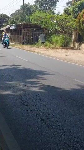 A person is riding a teal and black scooter on an asphalt road. The person is wearing a white shirt and blue pants. They are traveling from left to right across the frame. The road has a white line marking the lane. There is dry grass and dirt on the side of the road. In the background, there are trees, a wall, and some small buildings. The sky is clear and bright.