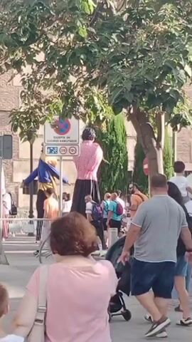 The video depicts an outdoor street scene with a parade of giant figures. In the foreground, several people are walking, including a child being carried on someone's shoulders and a child in the very front of the frame. Behind them, two very tall figures are visible, one appearing to be a woman in a pink shirt and long black skirt, and another figure in yellow and blue attire with a tall hat. These figures are likely part of a parade or festival, as evidenced by the crowd and the festive atmosphere. Further down the street, more giant figures are visible, some adorned with bright green and blue fabric. One figure has a head resembling a character from a video game, possibly Luigi from Super Mario. There's a brass instrument player in the background, further suggesting a parade. The environment appears to be an urban setting with buildings and trees. The day is sunny.