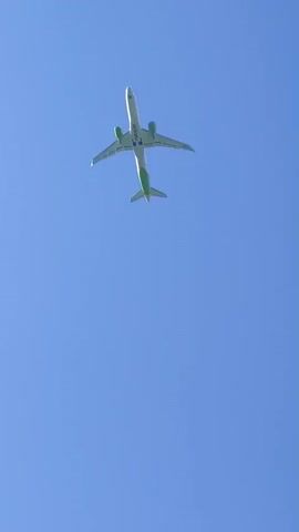 A commercial airplane with white and green livery flies horizontally across a clear blue sky from left to right in the frame. The underside of the airplane is visible.