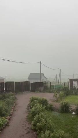 A vertical video shows a cloudy, overcast sky with a light rain falling. The scene is a rural outdoor area with a gravel path on the left leading towards a wooden fence. To the right of the path is a patch of green bushes. Beyond the fence, there is a gray house with a dark roof. Several utility poles with wires stretch across the frame. A small shed or outbuilding is visible on the far right. The ground appears wet from the rain.