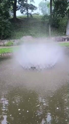The video shows a fountain in a pond. The fountain sprays water in a circular pattern, creating a mist. The pond is surrounded by trees and greenery. There are also benches and a bridge in the background. The sky is overcast, suggesting a cloudy day.