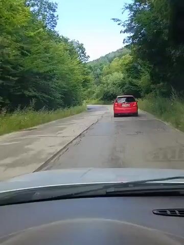 The video shows a view from the dashboard of a car driving on a paved road through a forest. A red car is visible ahead on the road. The road is in poor condition with visible cracks and patches. Trees line both sides of the road, and the sky is clear. The camera is positioned inside the vehicle, looking forward through the windshield.