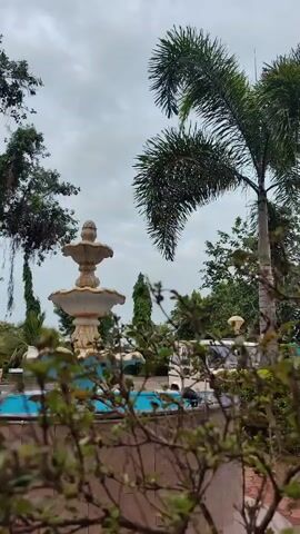 The video shows a fountain in the middle of a park with trees and a swimming pool in the background. The fountain has multiple tiers and is made of white stone. The swimming pool is blue and appears to be empty. There are also some palm trees and other lush greenery visible in the video. The sky is overcast with clouds.