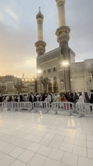 Evening crowd gathers at the Grand Mosque plaza in Mecca