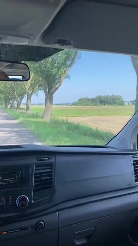 This video captures a view from inside a van driving down a tree-lined road in Ossenzijl, Netherlands. The scene is set on a bright, sunny day, suggested by the clear blue sky and the way the sunlight illuminates the lush green landscape. 

The primary subjects are the road, the tall trees lining it, and the expansive green fields beyond. The interior of the van is also visible, with the dashboard and part of the driver's seat in the foreground. A rearview mirror reflects a sliver of the road ahead. 

The activity is a car journey. The van appears to be moving at a moderate pace, indicated by the gentle sway and the consistent view of the roadside. The weather is clearly warm and pleasant, contributing to the overall serene atmosphere. The lush greenery and the open fields suggest a rural setting, typical of the Dutch countryside.

Notable details include the dense foliage of the trees, the vibrant green of the grass and crops, and the clear blue sky. There are no people prominently featured, though a glimpse of a person's arm is visible in the driver's seat. The only visible text is "AIRBAG" on the dashboard, indicating a safety feature of the vehicle. The overall emotion evoked is one of calm and peaceful travel through a beautiful natural landscape.