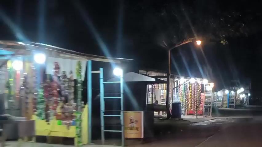 At night, the camera is positioned in front of small shops. The shops are lined up along a road, and they are illuminated by bright lights. The shops sell a variety of goods, including snacks and drinks. There are trees along the road as well. There is a single figure sitting on a bench in one of the shops. Cars drive along the road in the distance.