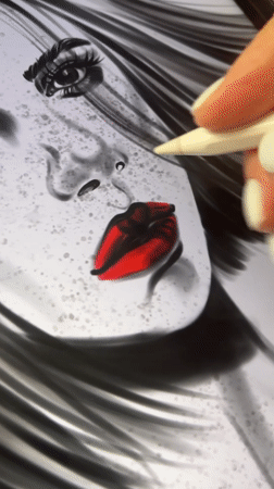 Grayscale digital portrait with red lips takes shape on tablet