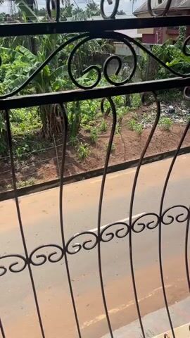 The video shows a view through a rusty wrought iron balcony railing. In the background, there is a street, and greenery. A motorcycle with two people on it rides past on the road.