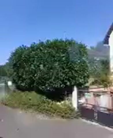 The video shows a view of a road with a blue sky. In the foreground, there is a paved surface with some greenery. In the background, there are houses and trees. The image is blurry and it is difficult to make out details. There are some signs visible, but the text is unreadable. The video appears to be taken from a moving vehicle.