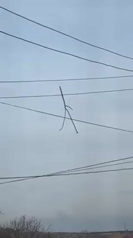 The video shows a stick lodged in a set of power lines against a cloudy sky. The stick is shaped somewhat like a person, with a long vertical section as the torso and thinner pieces forming limbs. Trees and a low, hilly landscape can be seen on the horizon below. Music plays throughout the video.