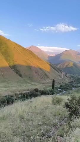 The video shows a view from a dirt path traveling through a mountainous, grassy landscape. The sun is low in the sky, casting long shadows and illuminating the peaks with a warm, golden light. The sky is a clear blue with a few wispy clouds. The path winds through hills and valleys, with a small stream visible in the distance. The vegetation is predominantly green grass, with some scattered bushes and trees.