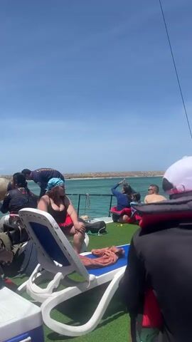 The video shows a group of people on a boat under a bright, sunny sky. The boat has a green artificial turf area with lounge chairs and other seating. Several individuals are seated, some wearing life jackets. There is a blue-and-white beach chair with what appears to be an octopus on it. Pink and yellow balloons are tied to the boat's structure. A woman wearing sunglasses and a light-colored top is seen holding a red life jacket, and another woman in a black swimsuit walks by. In the background, there's a visible shoreline and the clear blue ocean. A man seems to be taking photos of the group. There is music playing.