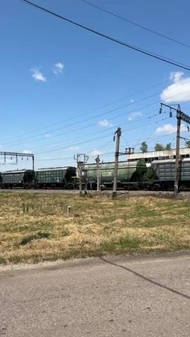 A freight train moves along a track on a sunny day. The train consists of multiple cars, including gondola cars filled with what appears to be greenery or agricultural produce, and a hopper car which is likely used for transporting bulk commodities such as grain or cement. The train is passing through a rural or semi-rural area with dry grass and dirt visible in the foreground. Overhead power lines and poles suggest the train is an electric one. The sky is blue with scattered white clouds. The video appears to be shot from the side of a road or path adjacent to the railway line.