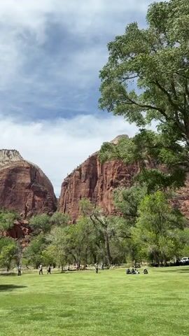 The video presents a scenic outdoor environment, likely within Zion National Park near Springdale, United States. It opens with a wide shot of a lush green grassy field, where several people are seen scattered, walking, playing, or relaxing. Towering red rock mountains, distinctive of the region, dominate the background under a bright, partly cloudy sky. Numerous green trees, with full foliage, are visible in the foreground and midground, framing the natural vista.

As the camera slowly pans to the right, it reveals more of the expansive grassy area and a paved road. A dark sport utility vehicle is seen moving along this road. Further into the pan, more trees and the massive red rock cliffs are showcased. A white sedan is parked alongside the road, and more individuals are visible in the park-like setting, enjoying the daytime. The pan concludes with a close view of a large, leafy tree in the foreground, with the impressive mountain formations and a glimpse of a parking area in the background. The weather is sunny with scattered white clouds, suggesting a pleasant day for outdoor activities. No discernible text is visible in the video.