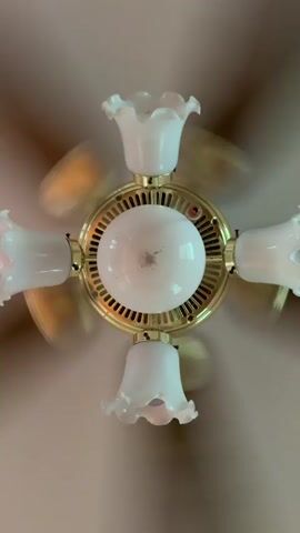 This media file is a close-up, overhead shot of a ceiling fan with five lights. The fan blades are in motion, creating a blur of light and color, suggesting the fan is on and actively circulating air. The central part of the fan is gold-colored, with a white light fixture in the middle and five decorative white glass shades extending outwards. The shades have a ruffled, tulip-like design. The background is a neutral, light-colored ceiling, slightly out of focus due to the fan's movement. The lighting is soft, indicating it could be daytime with natural light or artificial light from the fan itself. There is no visible text in the media file. The scene is indoors, likely in a home or a similar residential setting in Stallings, USA. The overall impression is functional and domestic.