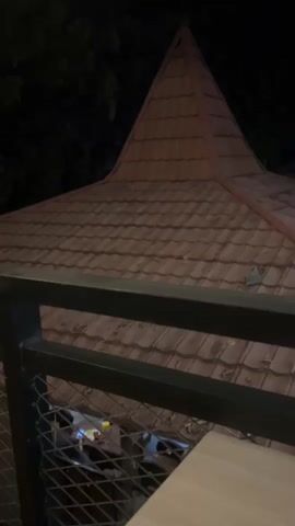 The video pans across the tiled roof of a building at night. Below the roof, a metal railing is visible, obscuring a lower level. On the lower level, there are tables and chairs, some of which appear to be set up for dining. There are also decorative flags and string lights visible, suggesting a festive or outdoor dining atmosphere. The lighting is dim, consistent with nighttime.