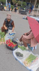 Street market operates with produce vendors and shoppers