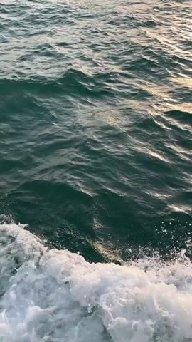 A fishing boat is moving through choppy blue water. The sun is low in the sky, casting a warm glow on the water and sky. The boat has a crane on its deck, and a flag flies from its stern. There are a few people visible on the deck of the boat. The camera is at water level, and the boat is moving away from the camera.