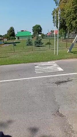 The video shows a rural scene on a sunny day. In the foreground, there is an asphalt road with a white crosswalk painted on it. To the right of the crosswalk, there is a speed bump with white markings that also reads "40" indicating a speed limit of 40 kilometers per hour. In the background, there is a grassy area with a fence, some trees, and two houses. One house is green and has a red roof, and the other is a lighter color. There are also several lampposts visible. The sky is blue with a few wispy clouds.